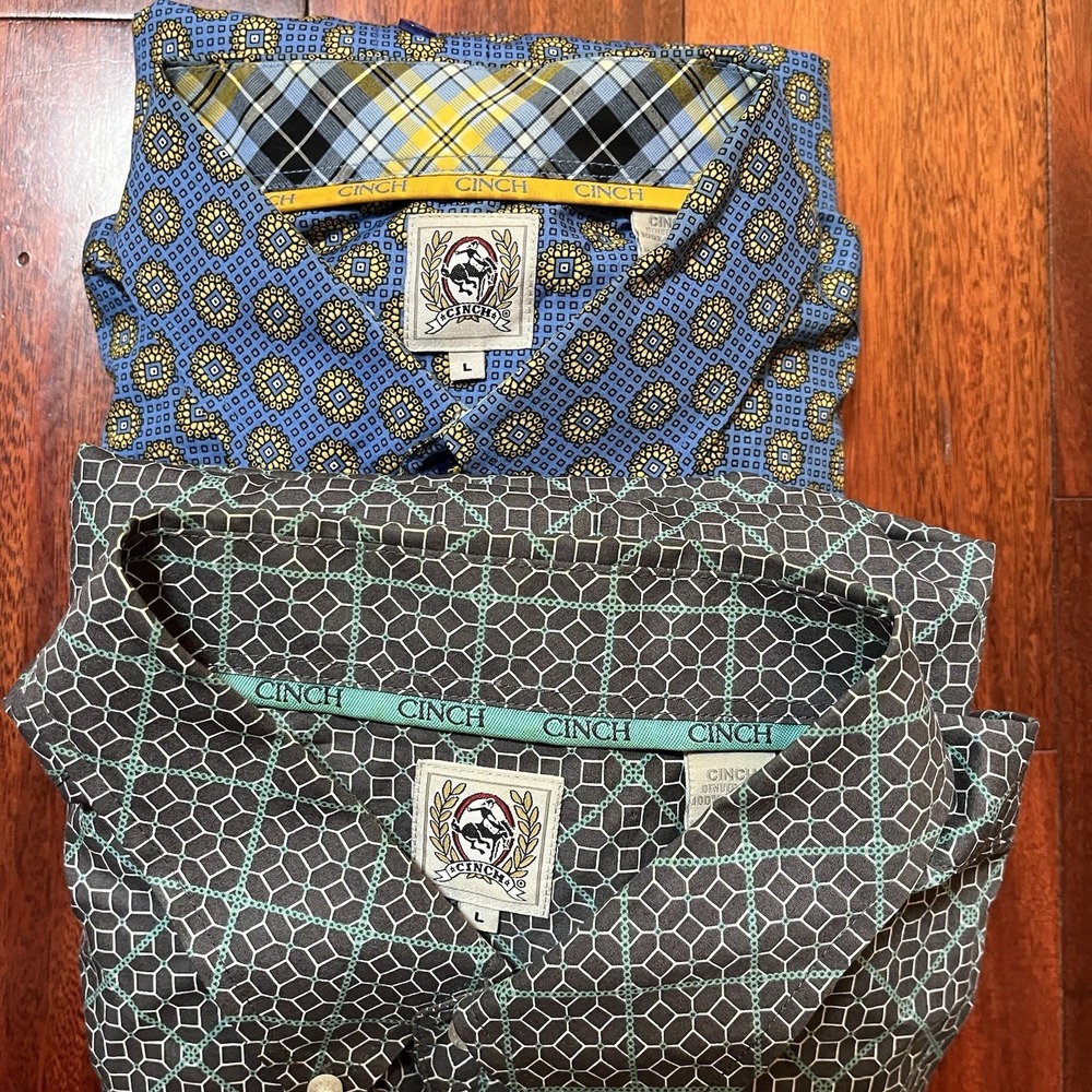 CINCH Shirt Mens Large LOT OF 2 Green Blue Geometric Patterns AOP Ranch Casual